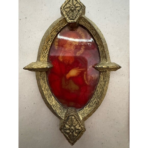 Vintage Jesus Christ Stained Glass Hanging Ornament In Golden Frame - Picture 5 of 11